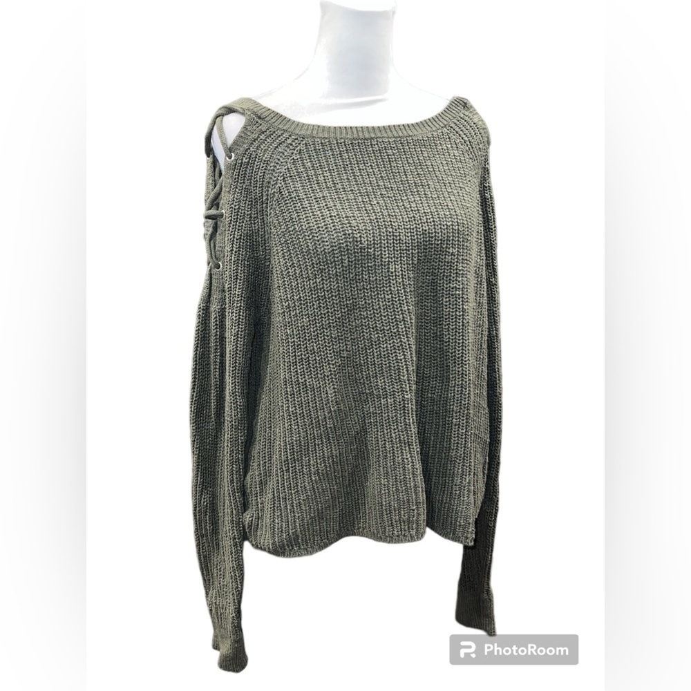 Express Olive Green Knit Cotton Lace Up Shoulder‎ Sweater Size Small